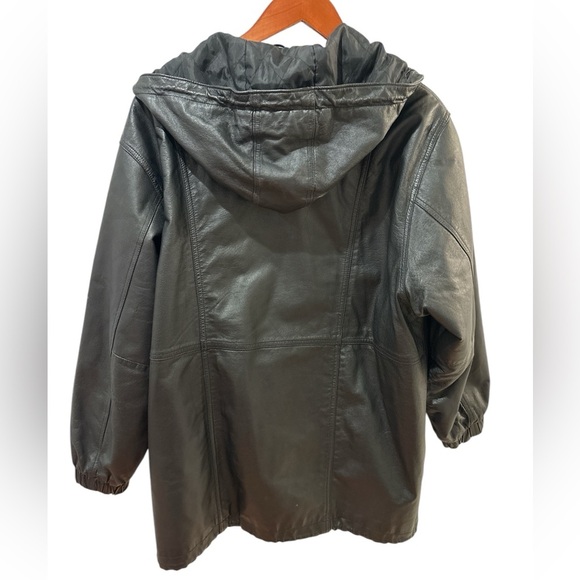 90s MIDDLEBROOK PARK HOODED BLACK LEATHER JACKET OVERSIZED GOTH ROCKABILLY SZ L - Picture 5 of 9